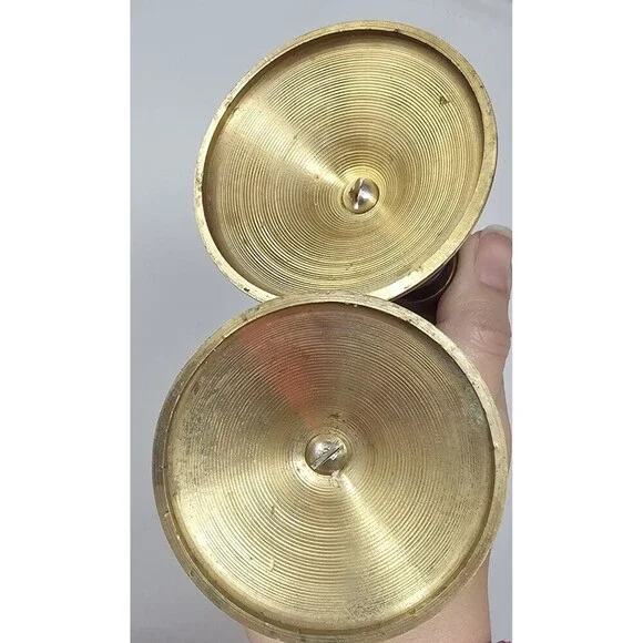 Vintage Pair of MCM Teak Wood & Brass Candle Stick Holders Tapered 3.5" - Picture 2 of 12